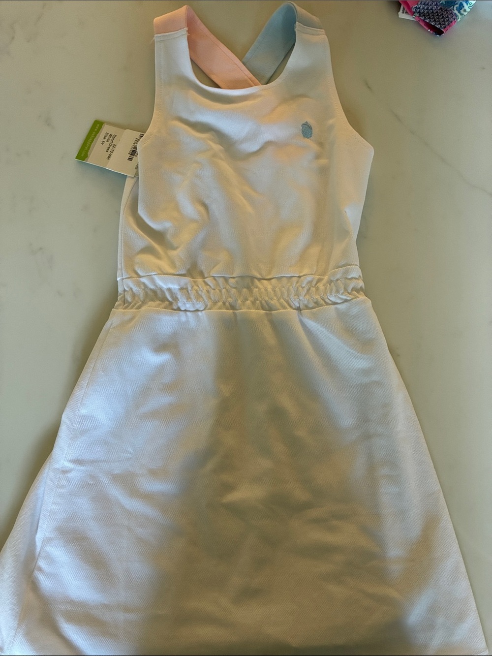Girls White Athletic Dress with Pink and Blue Cross Straps